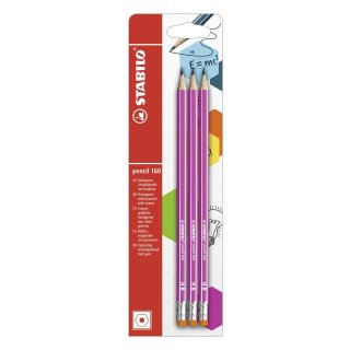 Bleistift mit Radierer - STABILO pencil 160 in pink - Härtegrad HB - 3er Pack