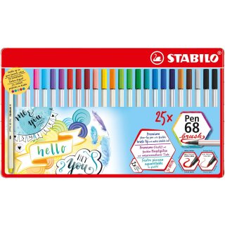 Premium-Filzstift mit Pinselspitze für variable Strichstärken - STABILO Pen 68 brush - 25er Metalletui - mit 19 verschiedenen Farben