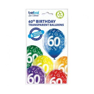 Ballon 30 cm 6 Stück - Happy Birthday 60. Geburtstag bunt